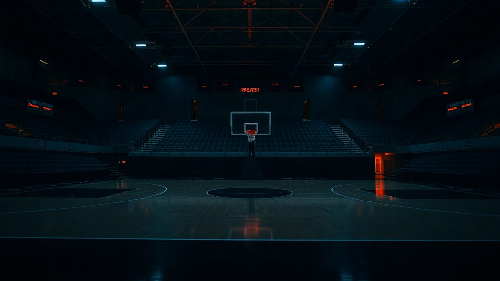 Night basketball court with cyan court lines