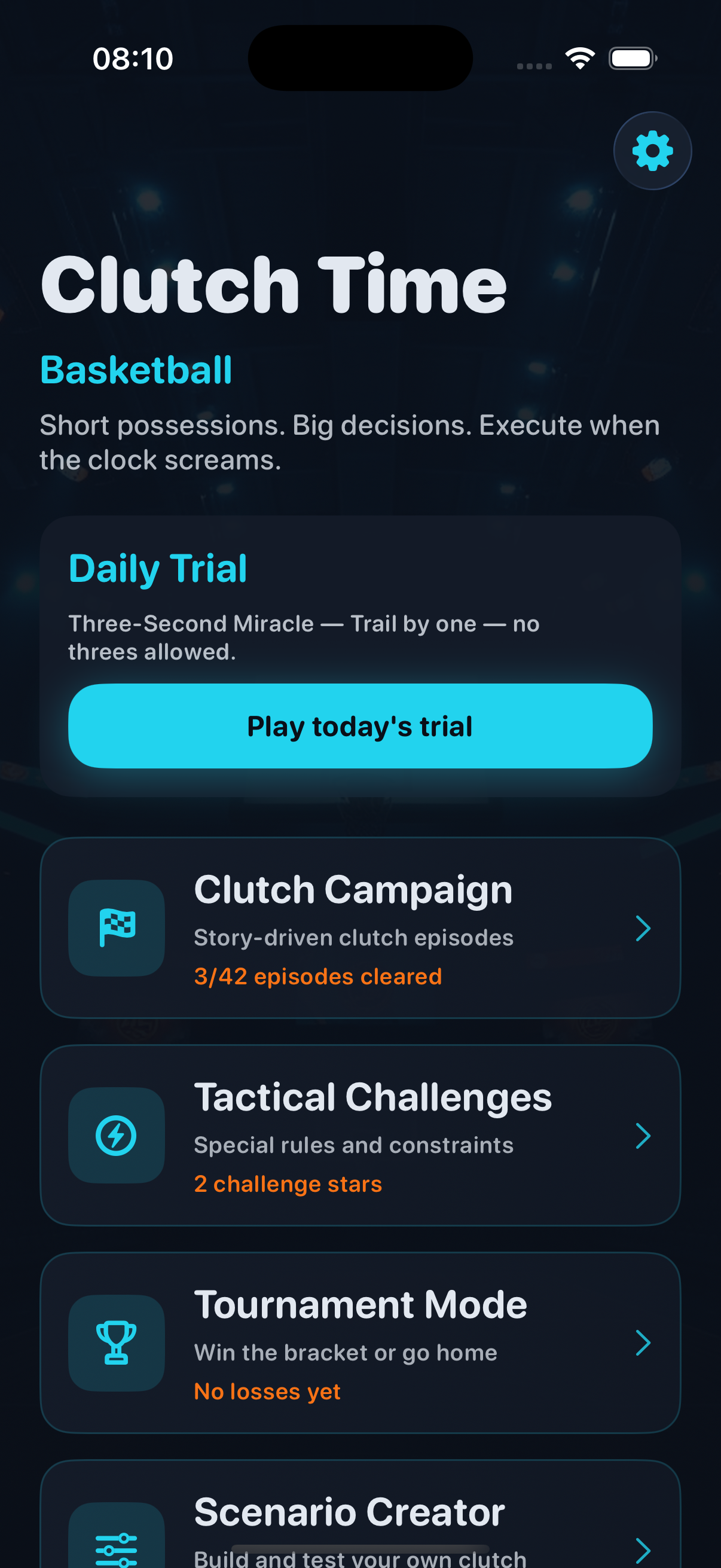 Home hub with daily trial and mode cards